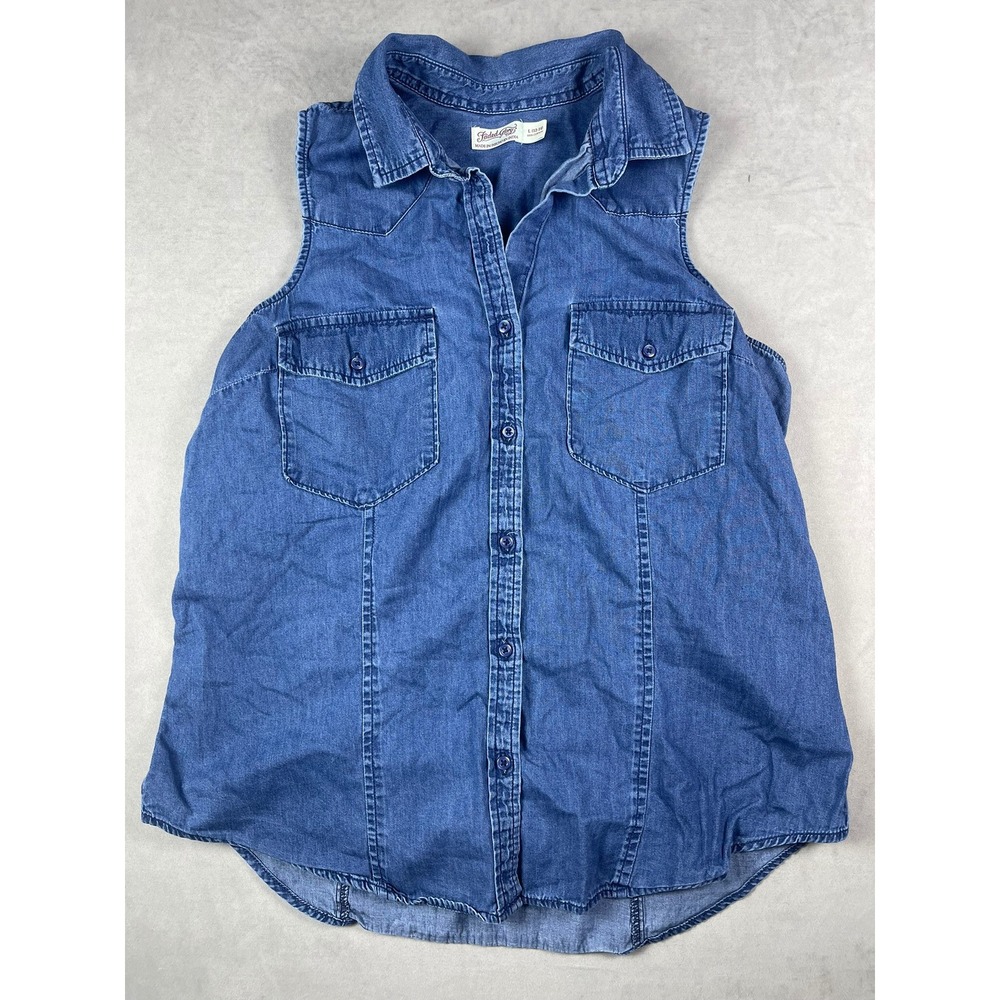 Faded Glory Womens Medium Wash Sleeveless Denim Button Down Shirt L 12-14